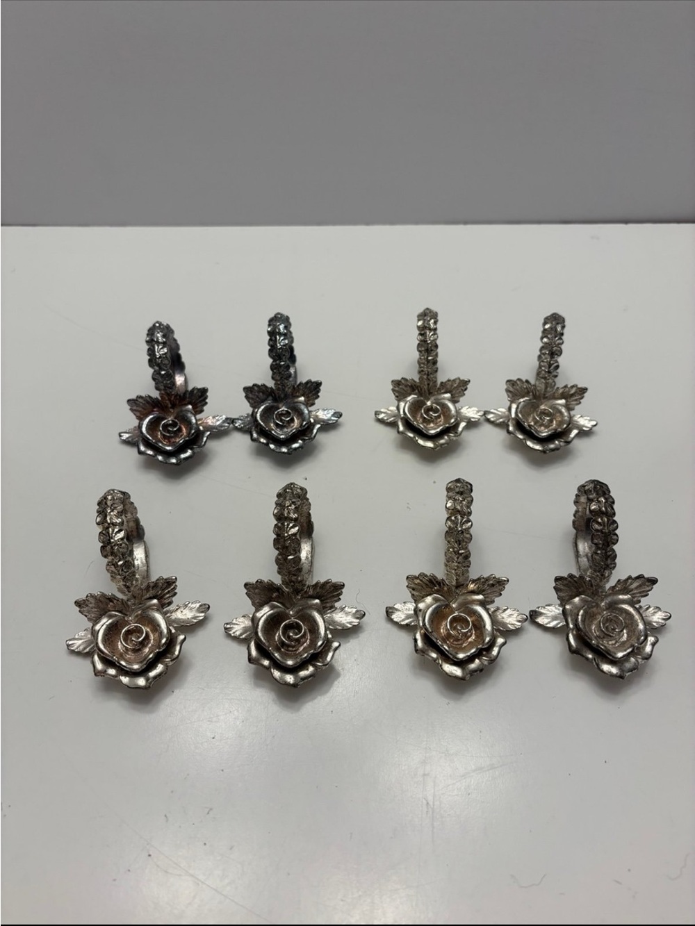 8 vintage Rose Napkin Rings Holders Vintage Silver Tone